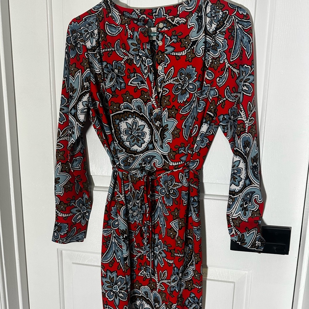 LOFT Vibrant Orange and Blue Paisley Long Sleeve Dress